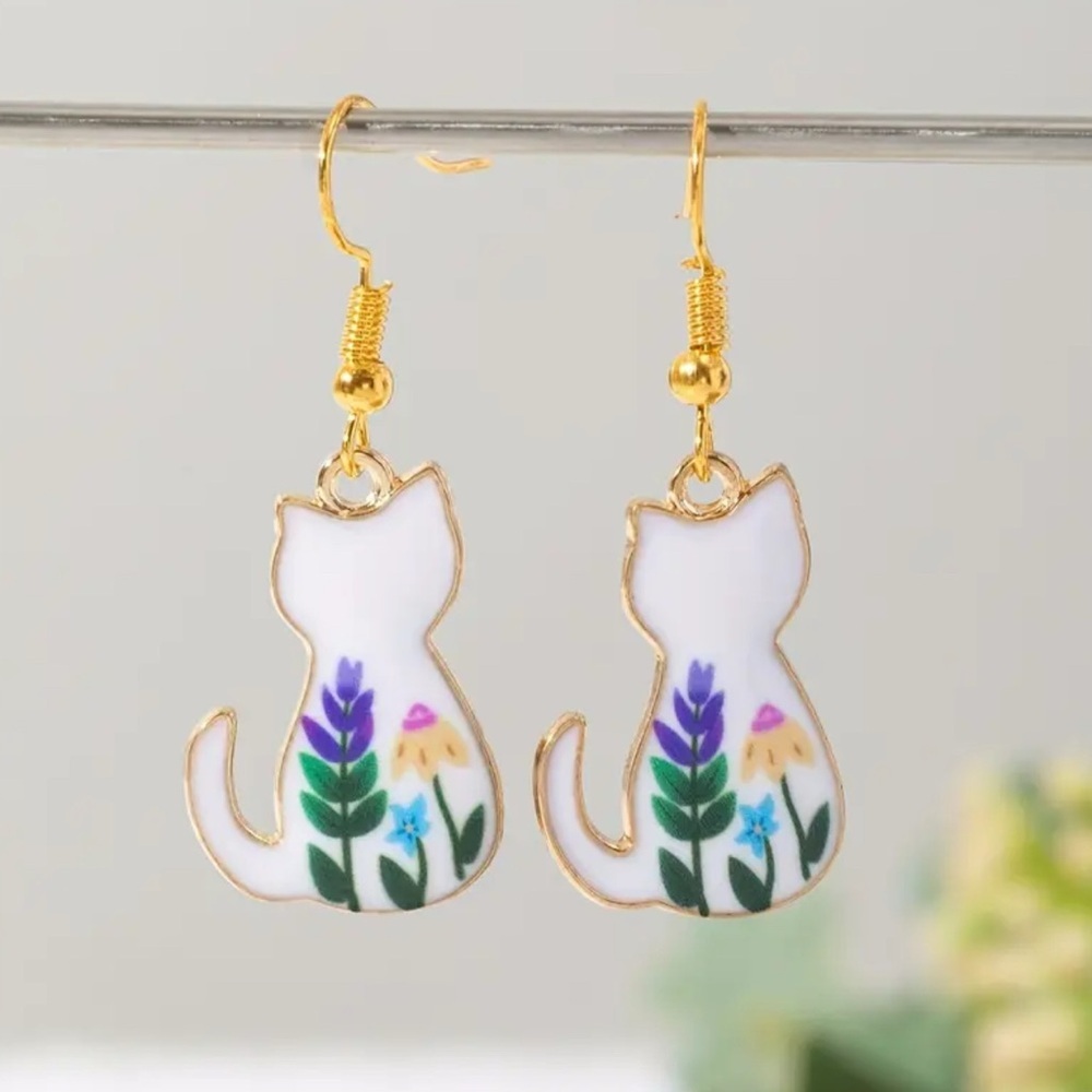 Gold and White Cat Earrings with Floral Design
